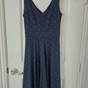 Ann Taylor Navy Blue Midi Dress with Polka Dots